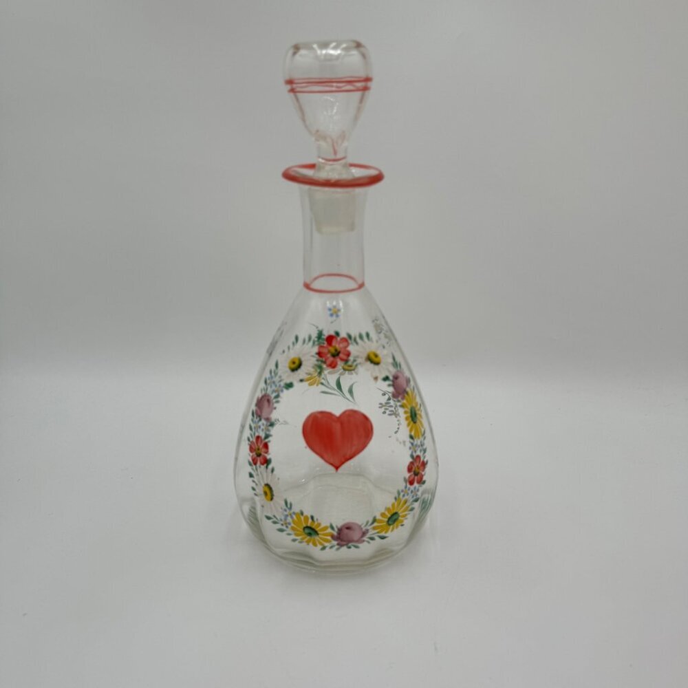Hand-painted wine bottle, decanter, one liter, red border Stopper vintage chic b